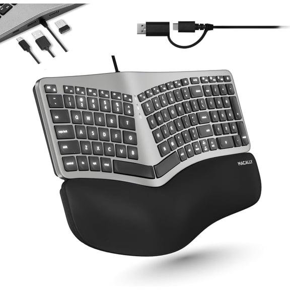 Macally Wired Ergonomic Keyboard for Mac, USB Hub, Backlit