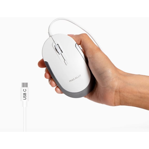 Macally Wired USB C White Mouse for Mac & Windows - 3 Buttons & Scroll Wheel USB Type C Mouse - Comfortable Ambidextrous Design - Compact Wired Mouse with Optical Sensor & DPI Switch Up To 2400