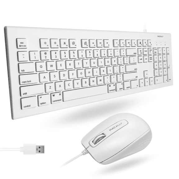 Macally Wired Keyboard & Mouse Combo, 104-Key USB Keyboard, Mac Shortcut Keys, PC, Chromebook, White