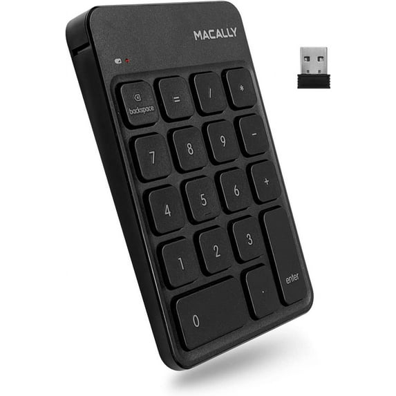 Macally Wireless Number Pad for Laptop - Slim 2.4G USB Number Keypad - 18 Key Rechargeable Numeric Keypad with USB Receiver for Data Entry - 10 Key Numpad Keyboard for Mac, MacBook - Black
