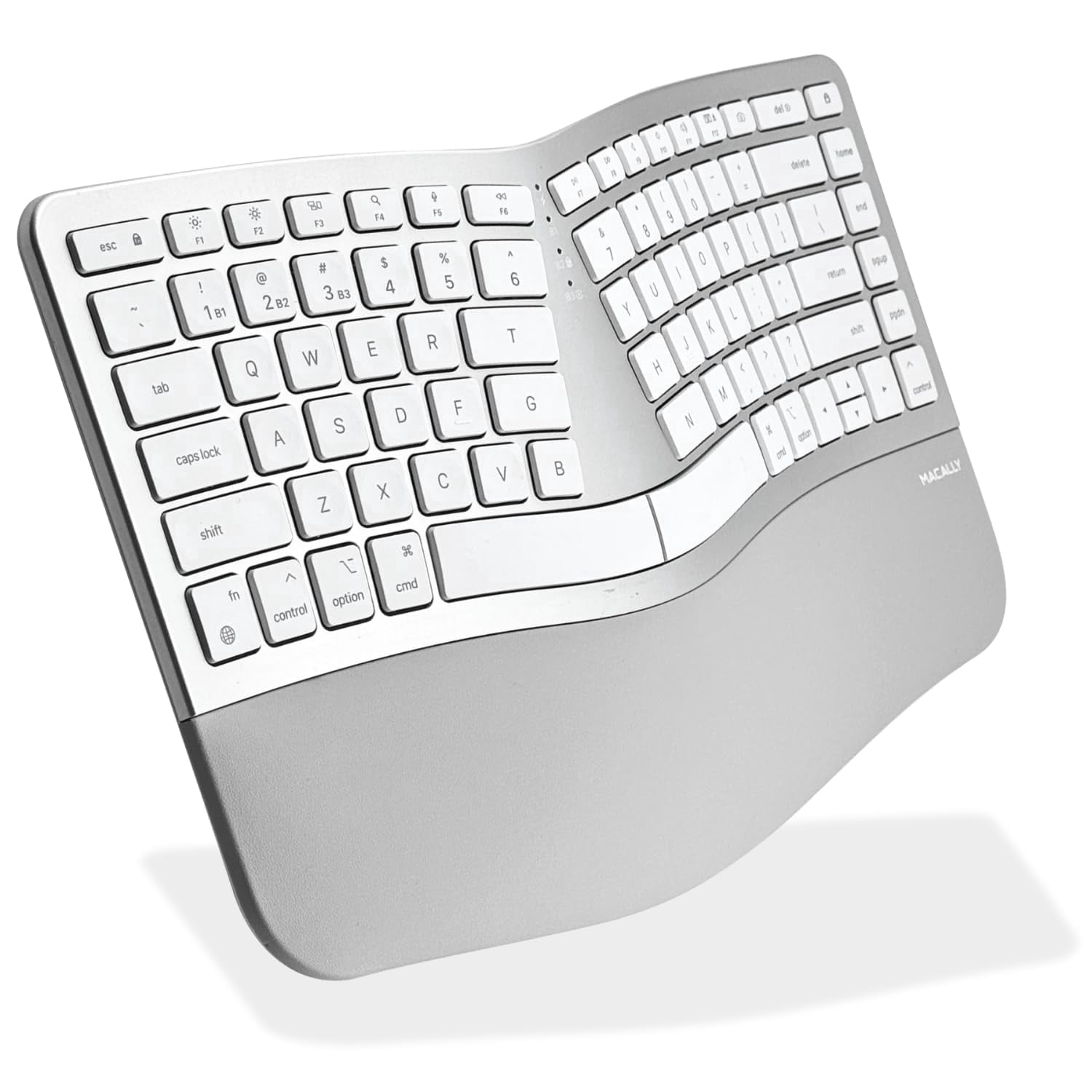 Macally Wireless Split Ergonomic Keyboard for Mac - Dual Mode (BT + Wired) - Rechargeable, Wrist Cushion, USB C + A Plug - Compact