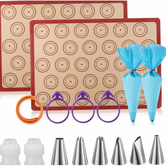 Macaron Baking Mat Set, Non-Stick Silicone Sheets with Piping Kit, 2 Mats Plus 12 Tools, Blue