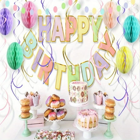 Macaron Birthday Decorations Set With Pre-strung Happy Birthday Banner Tissue Paper Garland Swirls Pastel Party Supplies For Women Adults Birthday Party Decor