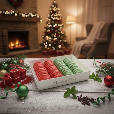 Macaron Bites: 24 French Macarons Gift Box – Red Velvet & Mint Chocolate Holiday Cookies Assortment