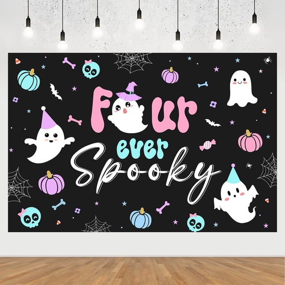 Macaron Black Four Ever Spooky Halloween Backdrop 4.9 x 3.3 ft Vinyl Background Cloth With Grommets And 20 ft White Satin Ribbon Ghost Pumpkin Party Photo Booth Wall Decoration