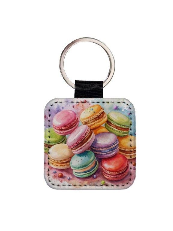 Macaron Cookies Watercolor Faux Leather Square Keychain