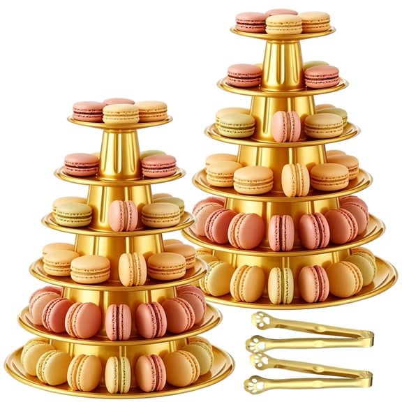 2 PCS 6-Tier Golden Macaron Display Stands, Plastic Macaron Tray Tower with Stainless Steel Serving Tongs, Cupcake Dessert Stand for Weddings, Birthday Parties, Bakeries