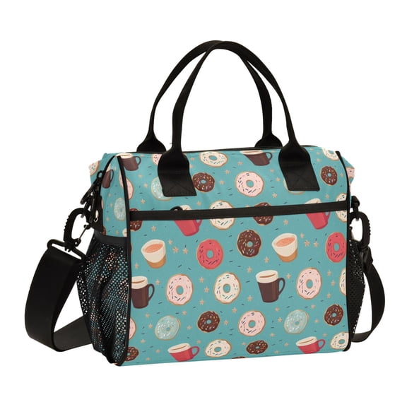 Macaron Donuts and Cup Lunch Bag Insulated Lunch Box Leakproof Reusable Cooler Tote Adjustable Shoulder Strap for Men Women 12L