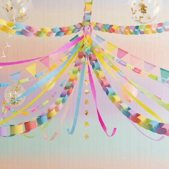 Macaron Fancy Party Decorations, Pastel Burlap Pennant Banner Flags, Crepe Paper Streamers, Glitter Star Garland, Bright Paper Chain Strips for Birthday Spring Easter Wedding Carnival