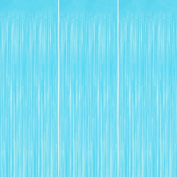 Macaron Light Blue Metallic Tinsel Foil Fringe Curtains, 3 Pack 3.3x6.6 Feet Party Streamer for Birthday, Halloween Decor, Foil Curtain for Bachelorette Party Decorations