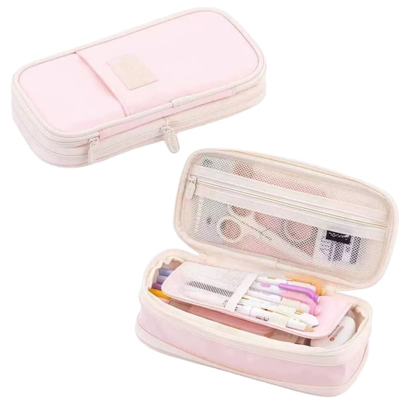Macaron Pencil Case, Telescopic Canvas Pen Bag with 4 Compartments & Clear Window, Cute Minimalist Stationery Organizer for Students Office School Supplies, Pink Polyester