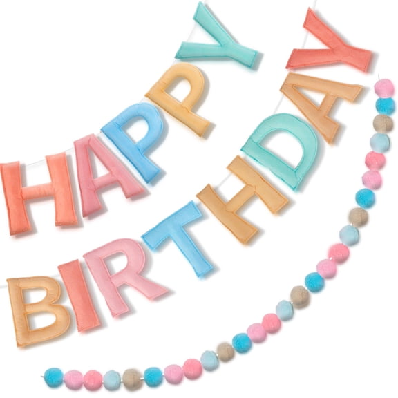 Macaron Pre-Strung Happy Birthday Felt Banner and Felt Ball Garland Party Decoration Kit