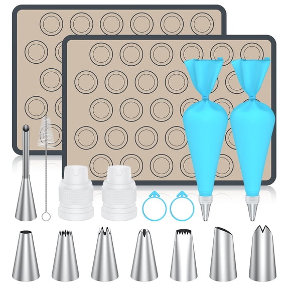 Macaron Silicone Baking Mats, 2 Nonstick Macaroon Mat Silicone, 7 Piping Tips, 2 Piping Bags, 2 Bag Ties, 2 Couplers, 1 Puff Tip, 1 Brushes, 17 Pcs Macaron Baking Kits for Macarons Cookies