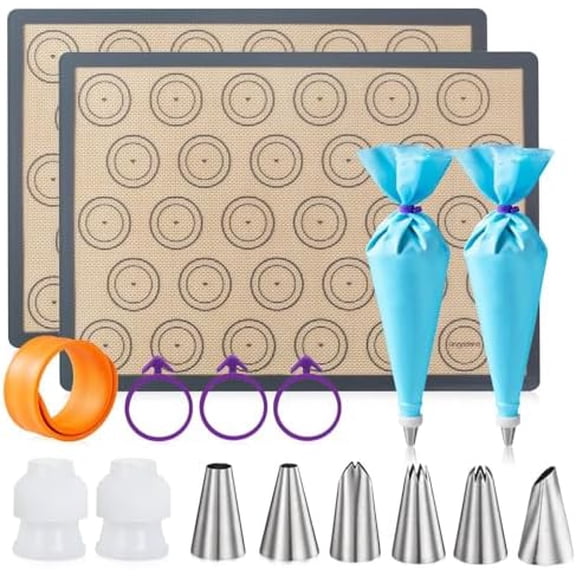 Macaron Silicone Baking Mats Kit (16pcs set) Macaroon Baking Mat Set of 2 Half Sheet Macaron Silicone Mat Nonstick Macaron Mat Sheet,6 Piping Tip,2 Piping Bag with 3 Bag Tie,2 coupler