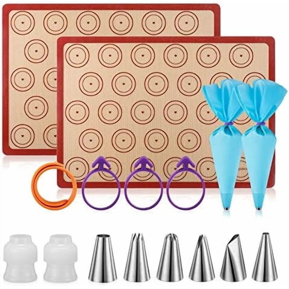 Macaron Silicone Baking Mats Kit (16pcs set) Macaroon Baking Mat Set of 2 Half Sheet Macaron Silicone Mat Nonstick Macaron Mat Sheet,6 Piping Tip,2 Piping Bag with 3 Bag Tie,2 coupler