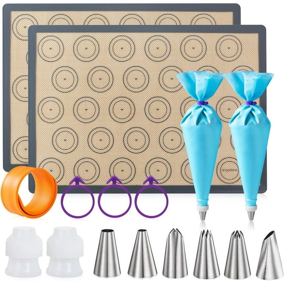 Macaron Silicone Baking Mats Kit (16pcs set) Macaroon Baking Mat Set of 2 Half Sheet Macaron Silicone Mat Nonstick Macaron Mat Sheet,6 Piping Tip,2 Piping Bag with 3 Bag Tie,2 coupler