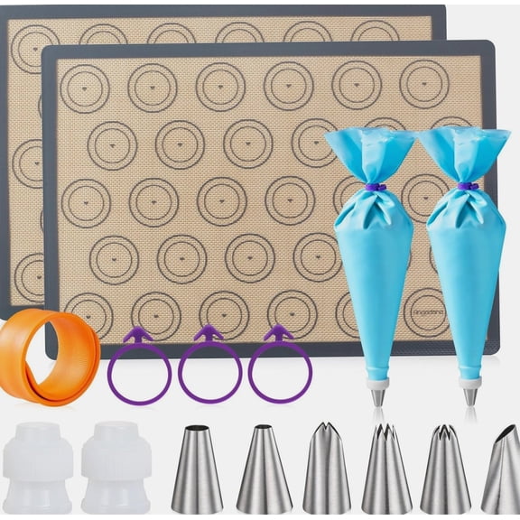 Macaron Silicone Baking Mats Kit, Nonstick Baking Mat Set with Pastry Tools, 16 Piece Gray Set