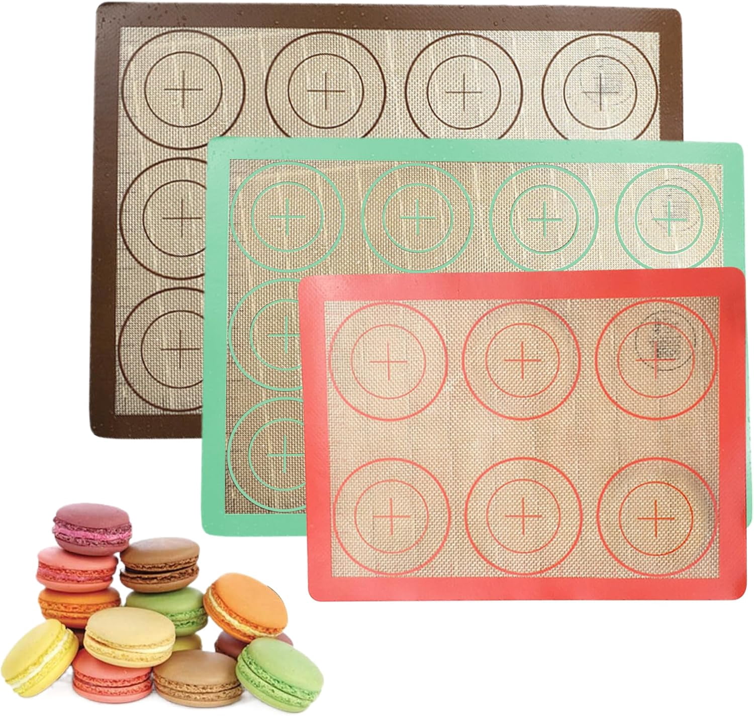 Macaron Silicone Baking Mats Set: 3 Pack Non-Stick Silicone Baking Mat - Heat Resistant, Reusable Baking Sheet Cookie Oven Liner for Macaroons, Bake Pans, Pizza, Toaster (Brown+Green+Pink)