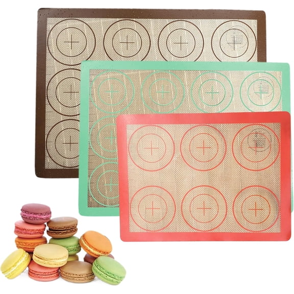 Macaron Silicone Baking Mats Set: 3 Pack Non-Stick Silicone Baking Mat - Heat Resistant, Reusable Baking Sheet Cookie Oven Liner for Macaroons, Bake Pans, Pizza, Toaster (Brown+Green+Pink)