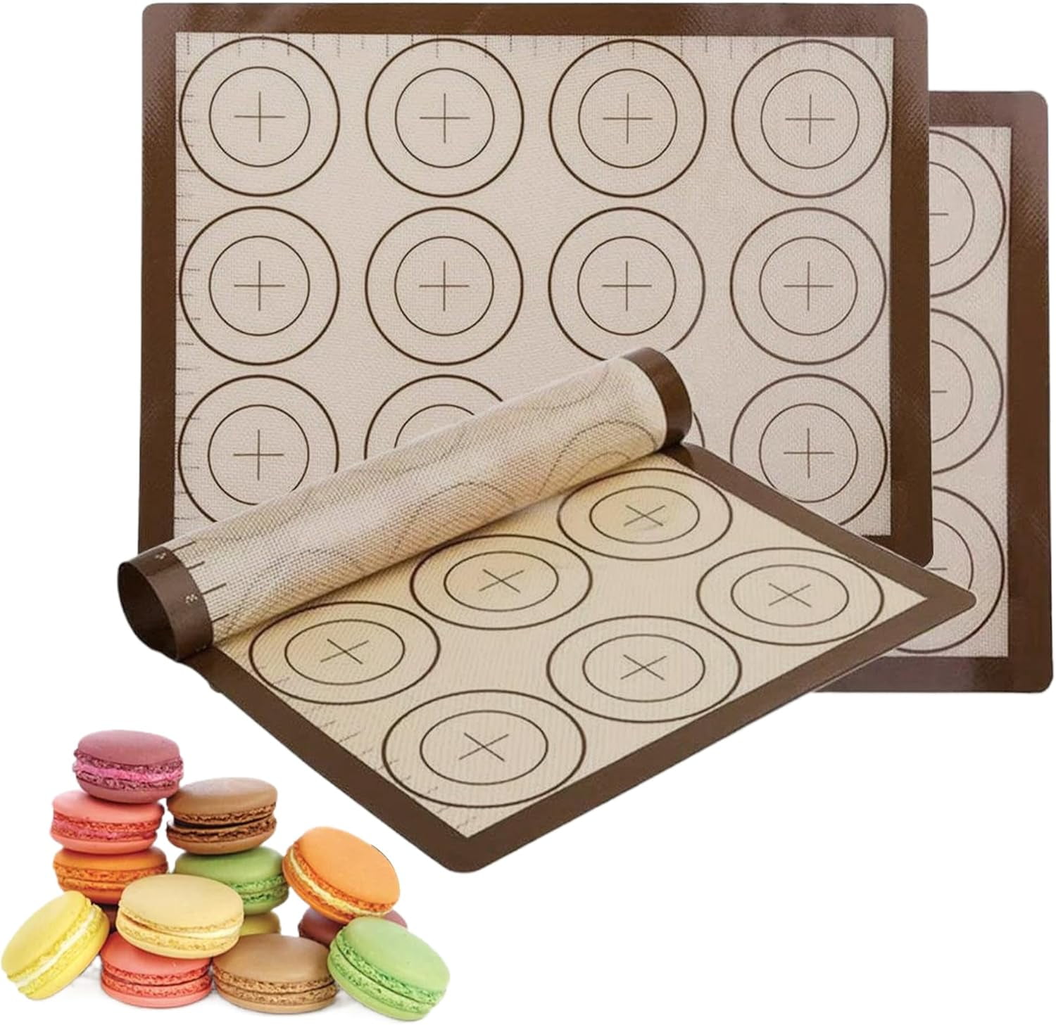 Macaron Silicone Baking Mats Set: 3 Pack Non-Stick Silicone Baking Mat - Heat Resistant, Reusable Baking Sheet Cookie Oven Liner for Macaroons, Bake Pans, Pizza, Toaster (Brown)