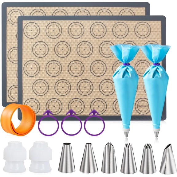 Macaron Silicone s Kit (16pcs set) Macaroon Set of 2 Half Sheet Macaron Silicone Mat Nonstick Macaron Mat Sheet,6 Piping Tip,2 Piping Bag with 3 Bag Tie,2 coupler