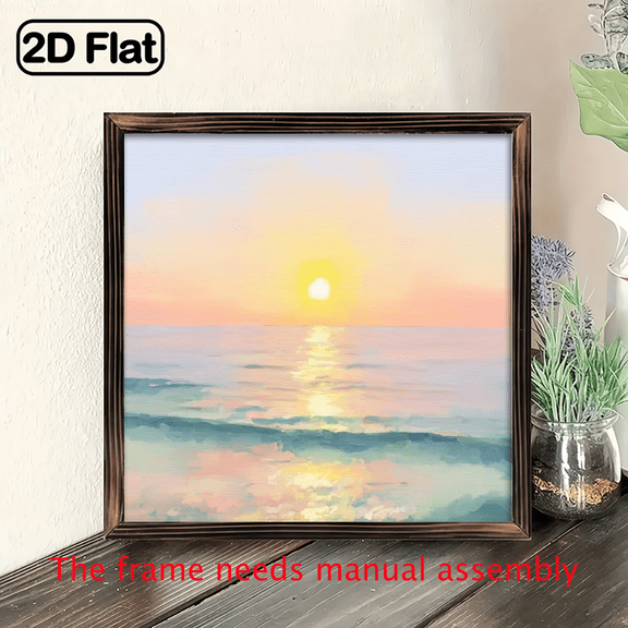 Macaron Sunset Seascape Square Wall Art, Integrated Wooden Frame Oil Painting, 2D Flat Ready-to-Hang Decor, Ideal Gift for Living Room Bedroom & Corridor