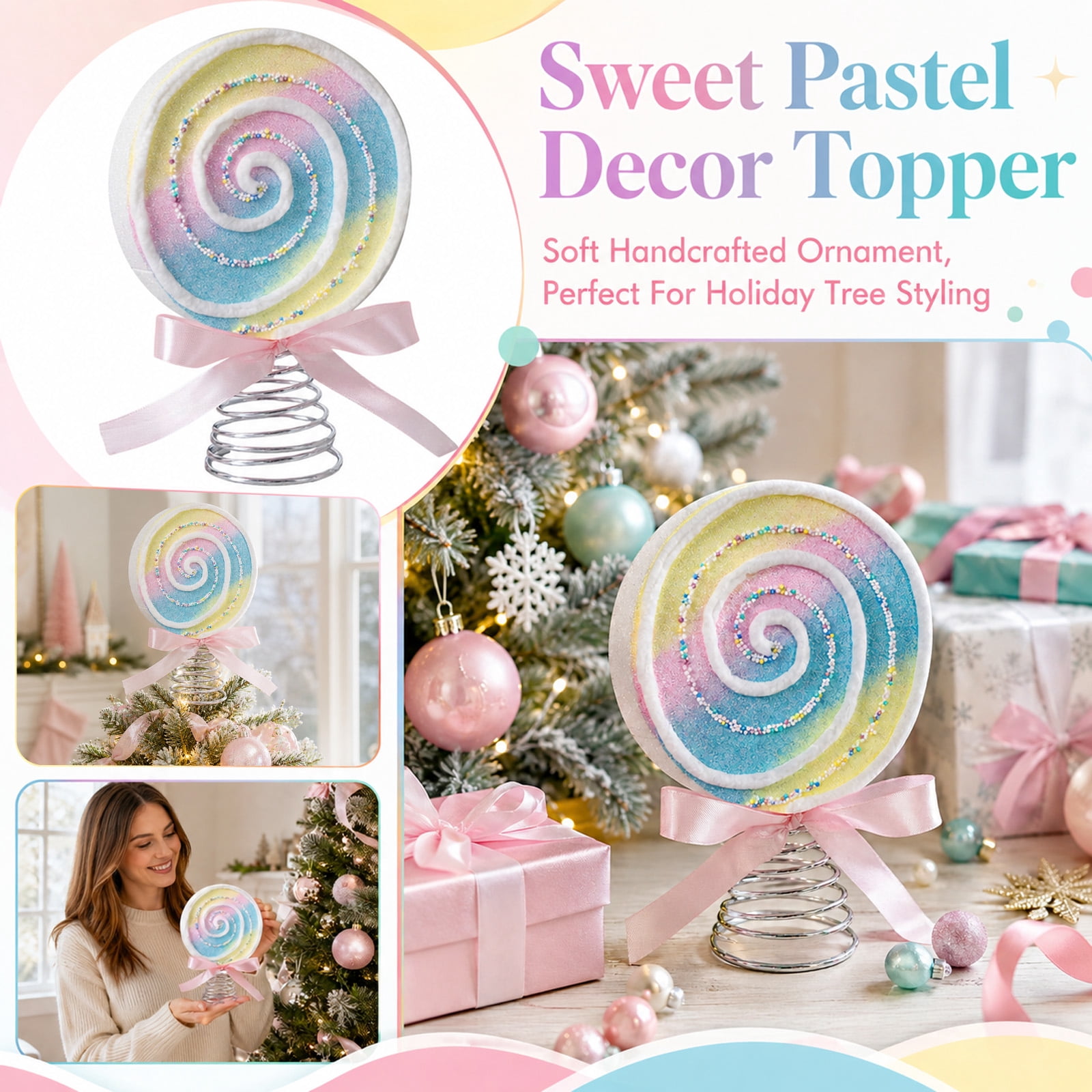 Medical Service Ribbon Macaron Swirl Lollipop Christmas Tree Topper with Pink Ribbon Bow and ...