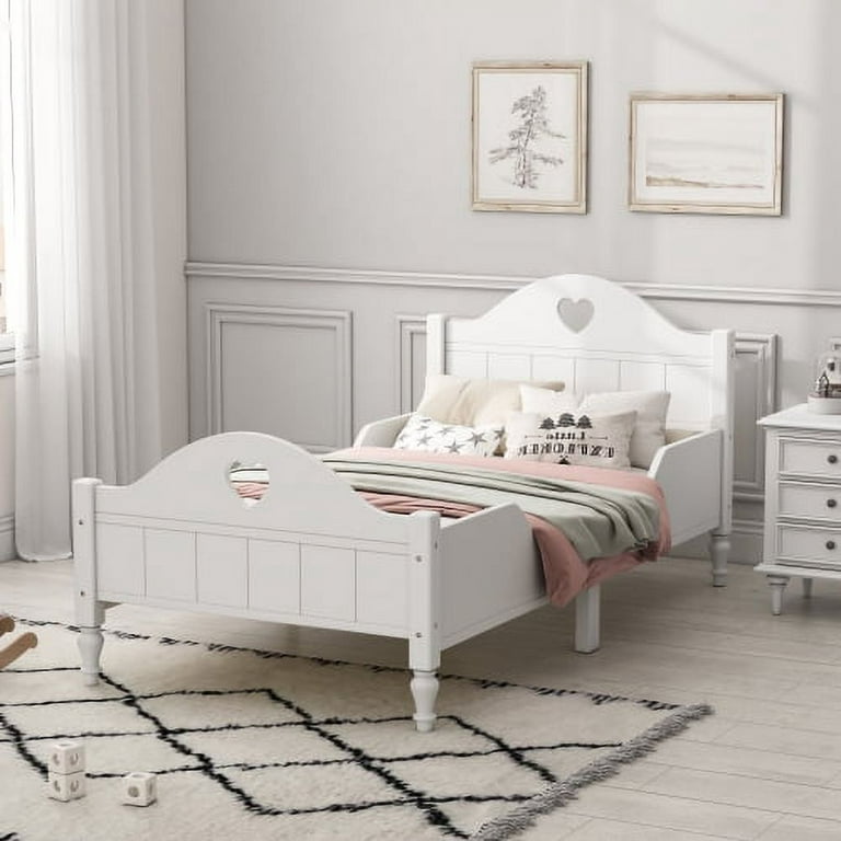 Macaron Twin Size Toddler Bed with Side Safety Rails, Modern Platform Bed  with Cambered Headboard and Footboard, Wooden Twin Bed Frame for Kids,  Girls, Boys, No Box Spring Required, White 