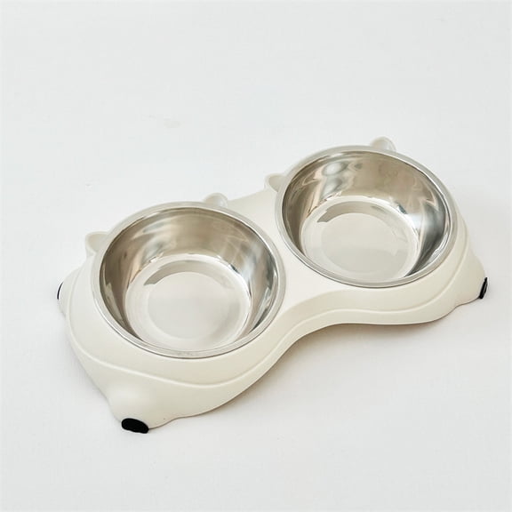 Macaron White Elevated Double Dog Cat Bowls, 15 Tilted Stainless Steel Pet Food & Water Bowls with Non-Slip Stand, Neck Protection, Easy to Clean