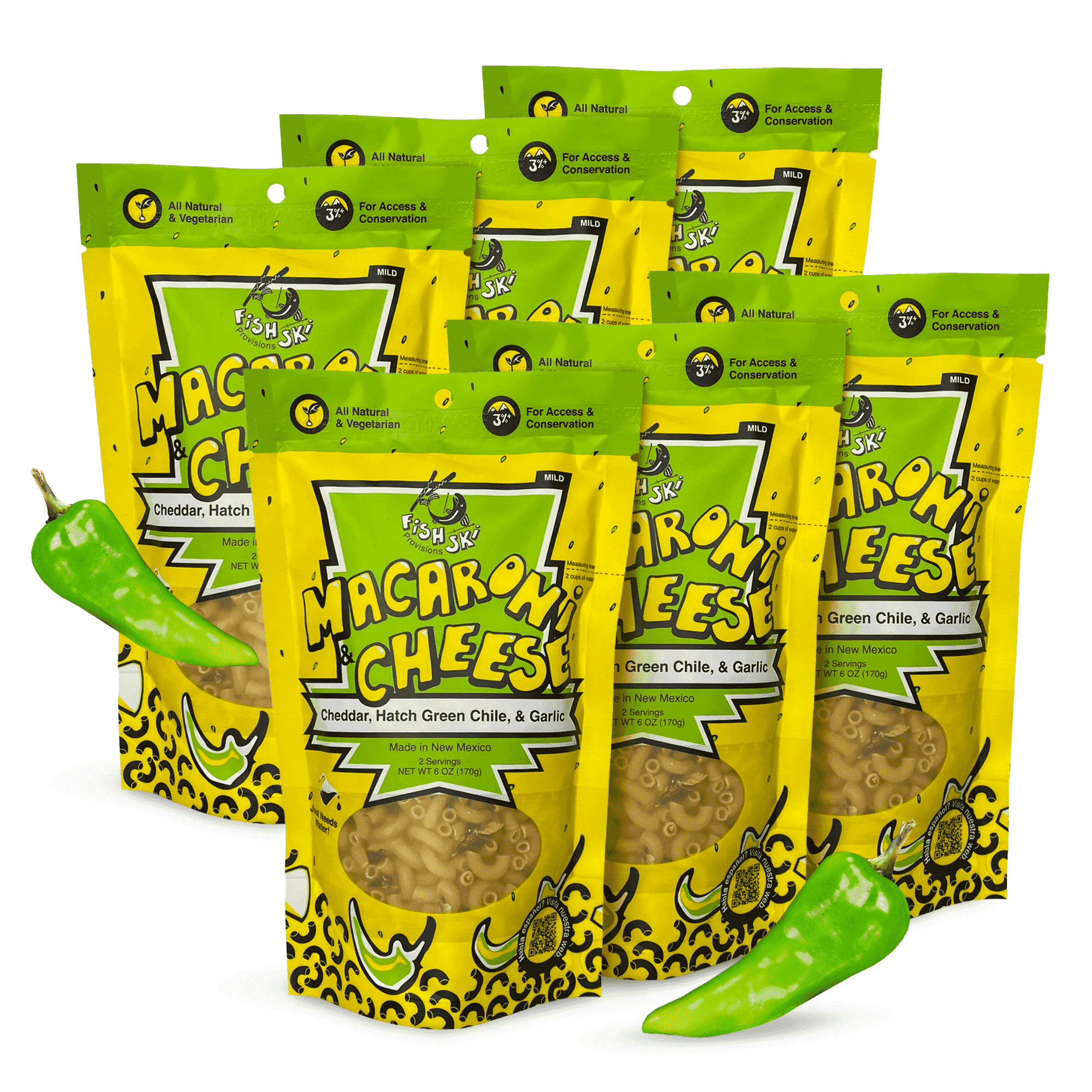 FishSki Provisions Macaroni and Cheese with Hatch Green Chile, Garlic Cheddar Cheese, 6 Pack