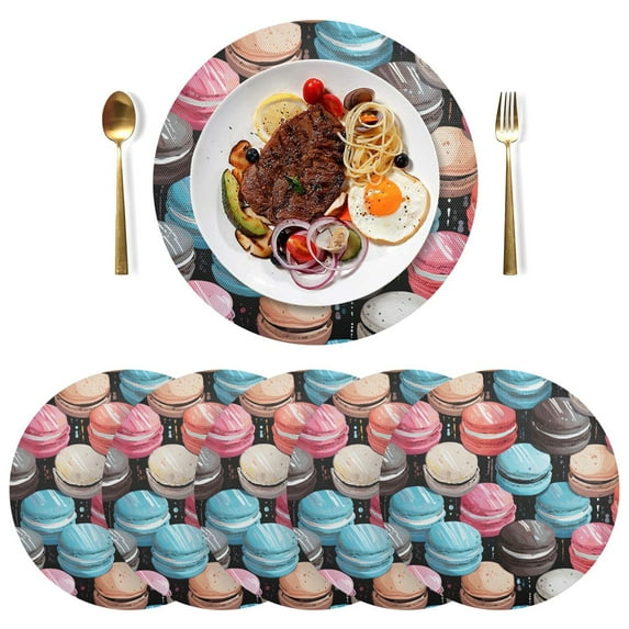 Macarons Black Round Placemats Plate Mats 15 Inch Non-Slip Heat Resistant Washable PVC Set Indoor for Kitchen Dining Table 4PCs