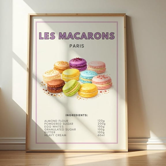 Macarons French Dessert Recipe Paris Bakery Colorful Macaron Illustration Poster Unframed Paper Print