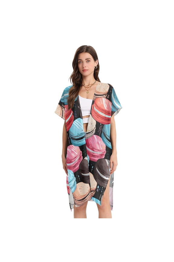 Macarons Women Swimsuit Cover up V Neck Beach Dress Short Sleeve Vacation Outfits Swimwear