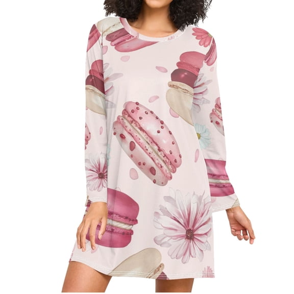 Macarons and Beautiful Daisies Women's Long Sleeves Nightgowns Sleepwear Soft Pajama A-line Sleep Dress XXXL