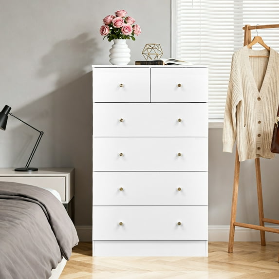 Macaroon 5 Drawer Cabinet, Matte Gold Handles Linen-Textured Particle Board Cabinet, Space-Saving Storage Organizer for Bedroom Home Office Living Area