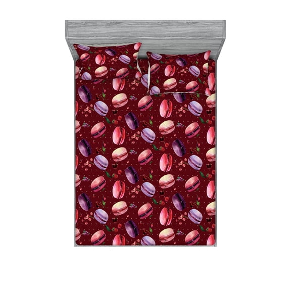 Macaroon Fitted Sheet & Pillow Sham Set, Colorful Pattern of French Dessert with Berries Cookie Fun Pastry, Decorative Printed 3 Piece Bedding Decor, Queen, Ruby Dark Coral Lavender, by Ambesonne