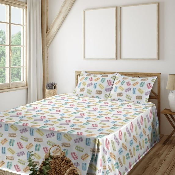 Ambesonne Macaroon Fitted & Flat Sheet with Shams 4 Pcs Set, French Cuisine Art Print, Full, White Multicolor