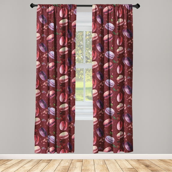 Macaroon Window Curtains, Colorful Pattern of French Dessert with Berries Cookie Fun Pastry, Lightweight Decor 2-Panel Set with Rod Pocket, Pair of - 28"x63", Ruby Dark Coral Lavender, by Ambesonne