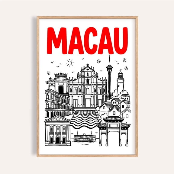 Macau Travel Poster Bold Red Skyline Landmarks Layered Unframed Paper Print
