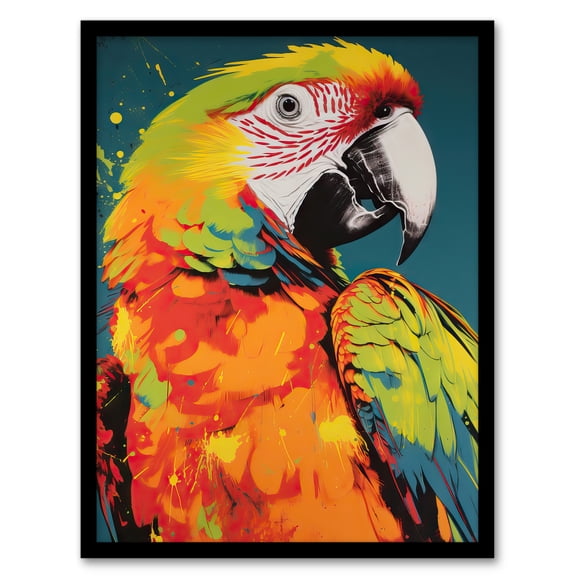 Macaw Parrot Neon Orange Green On Teal Exotic Bird Artwork Vibrant Bold Bright Colourful Painting Art Print Framed Poster Wall Decor 12x16 inch