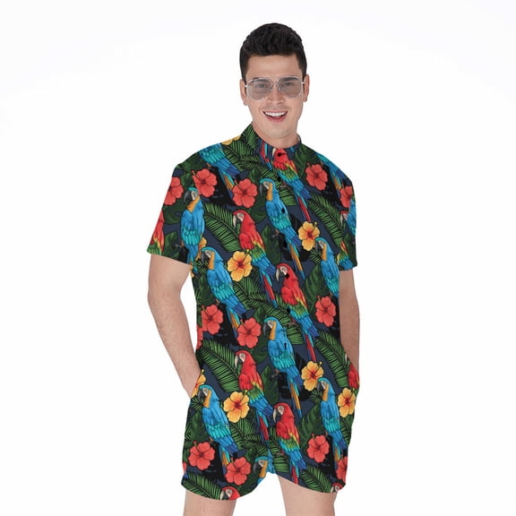 Macaw Parrot Pattern Short Sleeve Men'S Rompers, Tropical Floral Hawaiian Parrot Casual Summer Jumpsuits Outfit