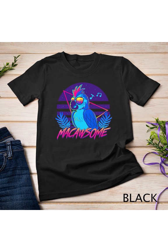 Macawsome Macaw Parrot Retrowave 80s Neon Bird Tropical T-Shirt
