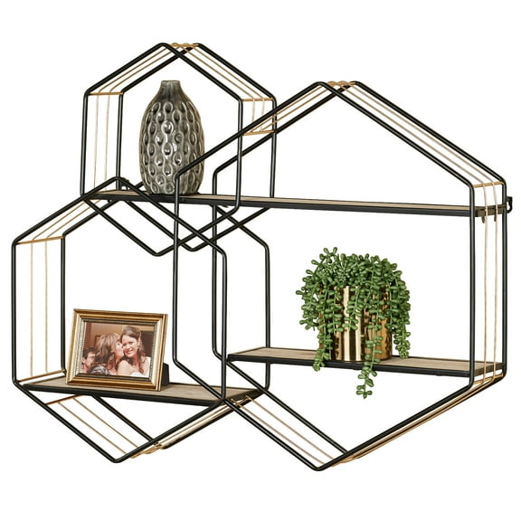 Macayle Hexagon Modern Wall Shelf Black 36”Wx6”Dx28”H