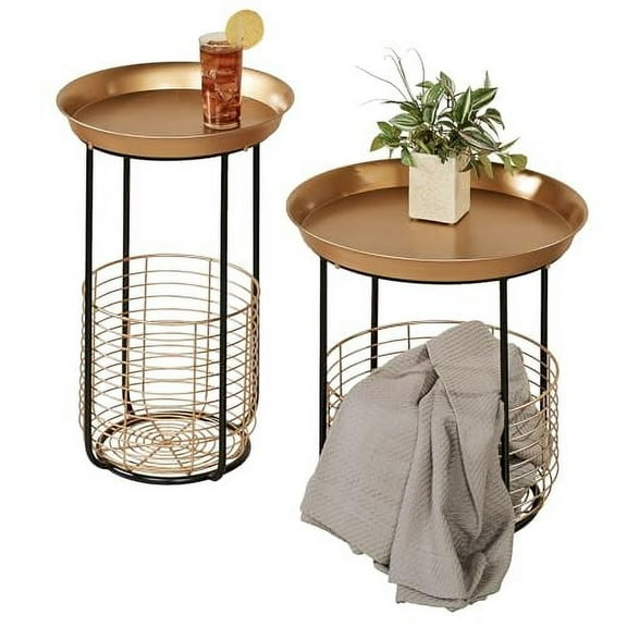 Macayle Round Metal Accent Tables with Wire Storage Baskets Set of Two