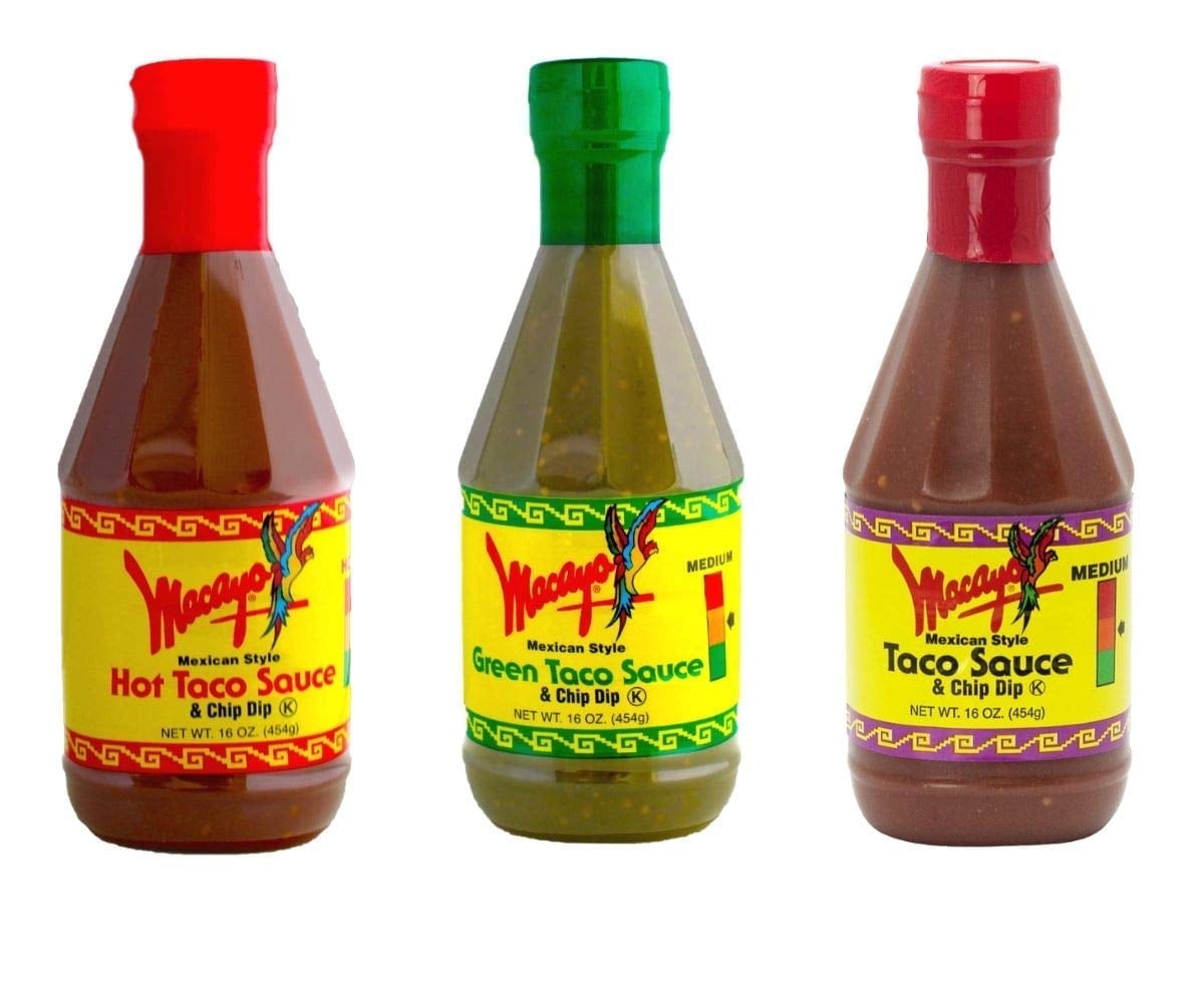 Macayo's Mexican Style Taco Sauce & Chip Dip 16oz 3 Pack Hot, Medium & Green Sauce