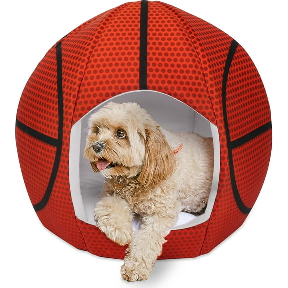 Maccabi Art Small Basketball Pet Bed – Sports-Themed Igloo Dome for Small Dogs & Cats – Washable Cushion, Anti-Slip Base – 18x16x16 in