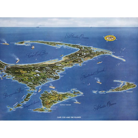 Macdonald 1958 Map Cape Cod And The Islands Bird's Eye View Wall Art Poster Print Picture