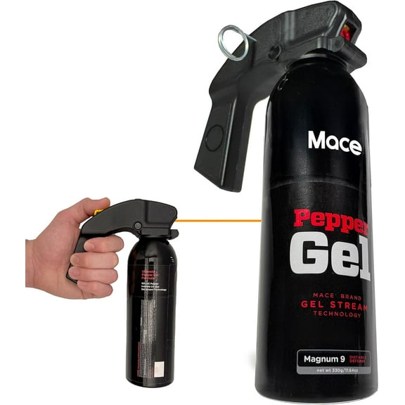 Mace Brand Magnum 9 Pepper Gel, 11.64 oz, 25 Feet Range, No Wind Blowback, Max Strength 10% OC Formula, Long Lasting UV Dye, Finger Grip Design, Self Defense Pepper Spray Gel for Women & Men - Black