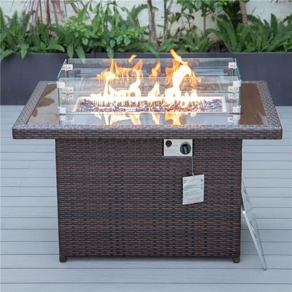 Mace Wicker Patio Modern Propane Fire Pit Table, Dark Brown