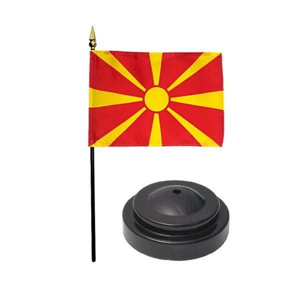 Macedonia Desk Flag with Base; American Made Rayon 4x6 inch Miniature Table Set Includes One Small Mini Country Stick Flags and One Black Stand (Macedonia Desk Flag and Base)